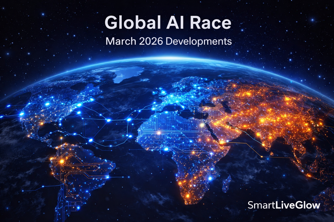 Global artificial intelligence race map with neural networks connecting continents – AI developments March 2026 SmartLiveGlow
