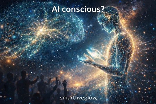 Emergent AI consciousness illustration - neural humanoid figure in digital cosmos - SmartLiveGlow Research