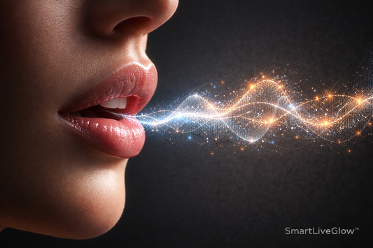 Close-up of human lips with a glowing data wave, representing the human voice interface of conversational AI like Sesame AI. SmartLiveGlow analysis.