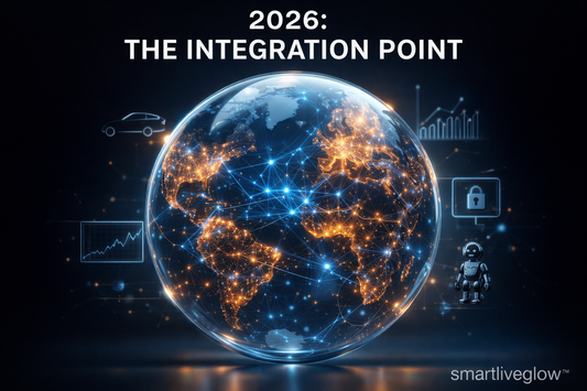 Conceptual cover image: a globe with an internal AI neural network, symbolizing the deep integration of artificial intelligence into world systems in 2026. SmartLiveGlow analysis.