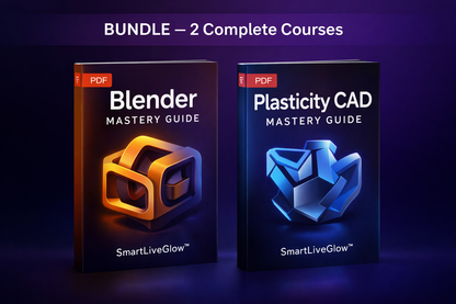 3D Design Mastery Bundle by SmartLiveGlow featuring Blender and Plasticity CAD complete PDF courses for 3D modeling and industrial design