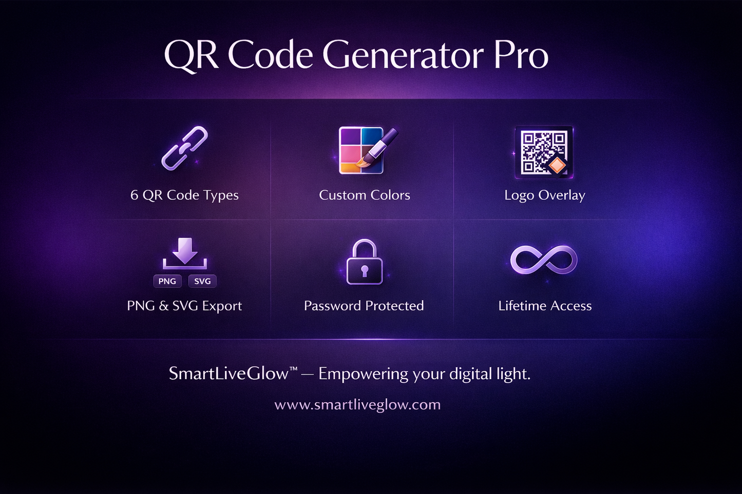 QR Code Generator Pro features - 6 QR code types, custom colors, logo overlay, PNG and SVG export, password protected, lifetime access. Digital product by SmartLiveGlow.