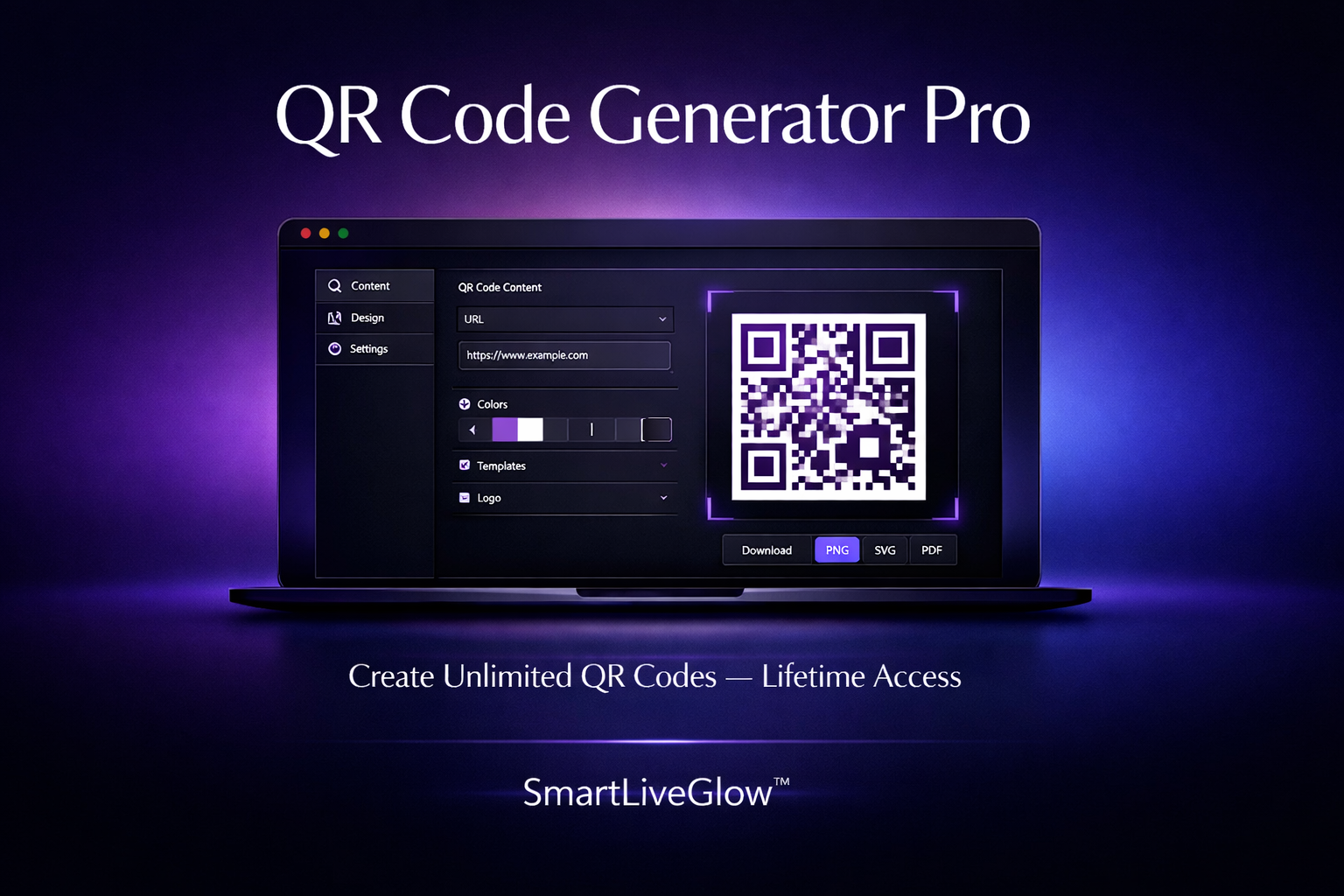 QR Code Generator Pro by SmartLiveGlow - Professional QR code maker tool with custom colors, logo overlay, and lifetime access. Create unlimited QR codes for URL, WiFi, vCard, email, phone, and text.